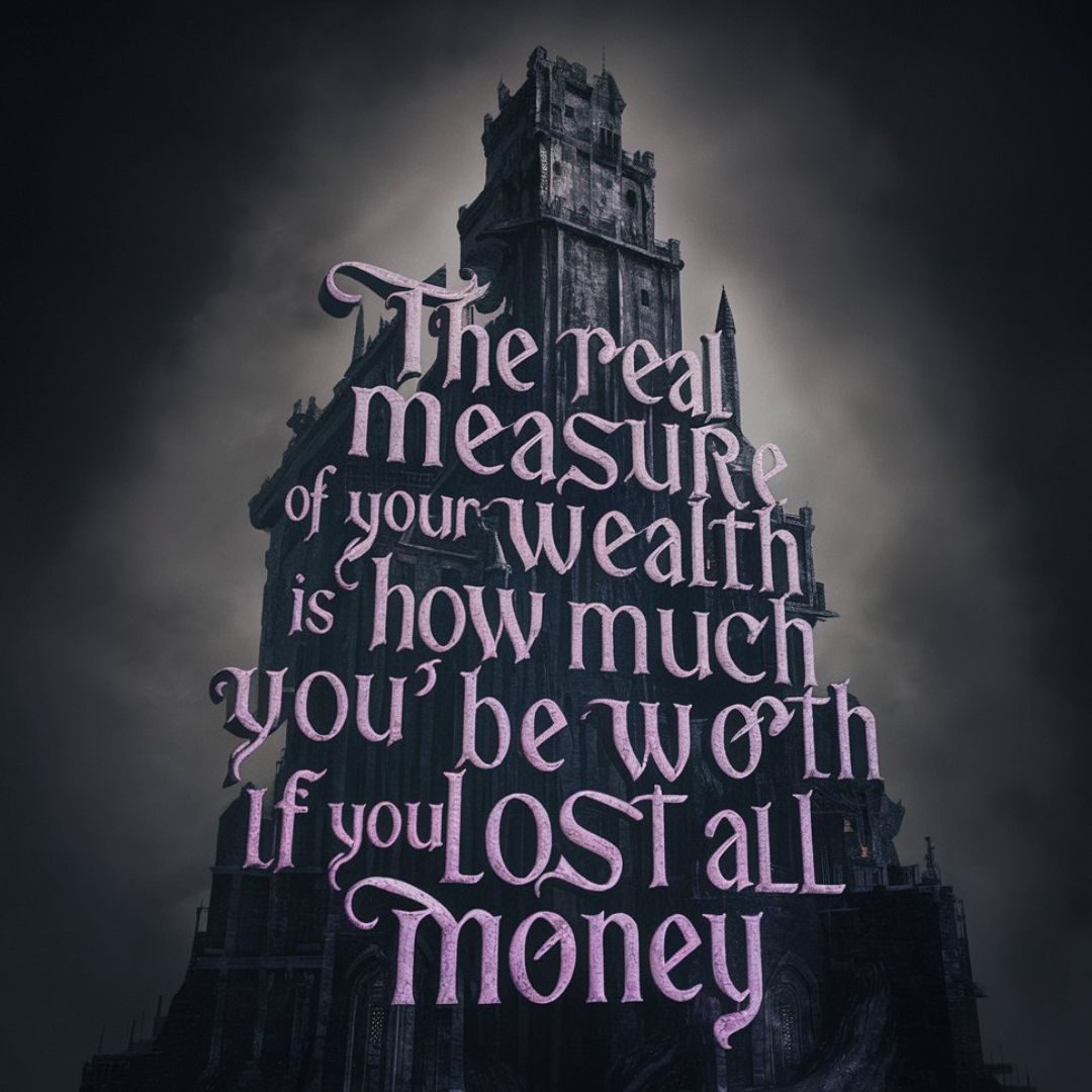 A captivating 3D render of a dark fantasy scene, featuring a towering, ancient castle. The castle is shrouded in a shadowy mist, emphasizing its ominous atmosphere. In the foreground, the text of the quote, "The real measure of your wealth is how much you'd be worth if you lost all your money," is displayed in elegant, gothic typography. The font is glowing with a subtle purple hue, adding an otherworldly touch to the overall composition., typography, 3d render, dark fantasy. Motivational