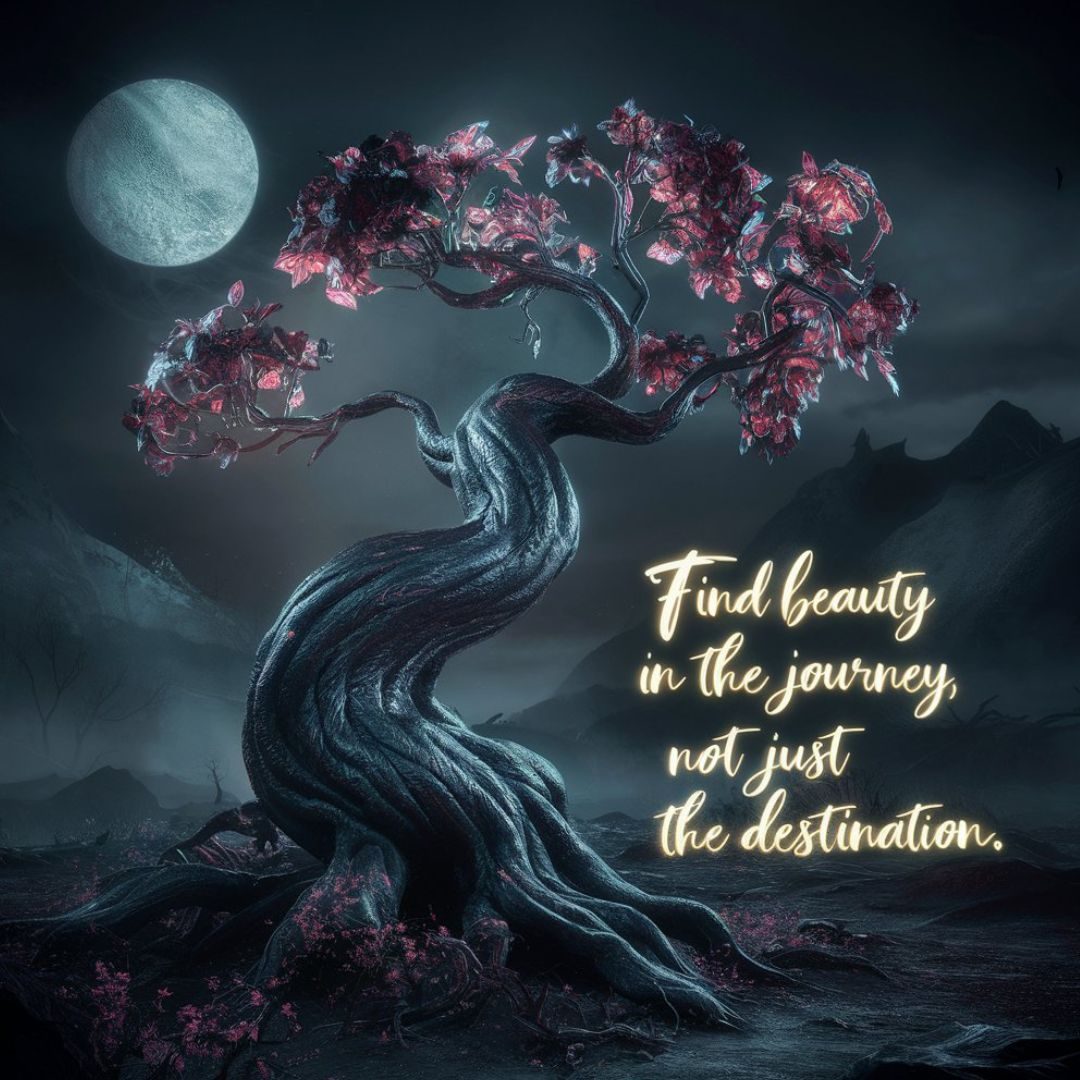 A visually striking 3D render of a dark fantasy landscape, showcasing a twisted, gnarled tree with luminescent leaves and flowers. Thetree stands tall amidst a desolate and eerie setting, with misty mountains and a silvery moon casting a haunting glow. The quote "Find beauty in the journey, not just the destination." is written in elegant, glowing script, inviting the viewer to appreciate the artistic elements of this mysterious and enchanting world., vibrant, 3d render, dark fantasy. Motivational