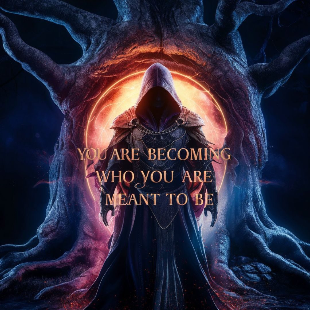 A striking, 3D render of a dark fantasy scene where a mysterious, hooded figure is illuminated by vibrant colors. The figure is standing in front of an ancient, gnarled tree with a glowing, ethereal portal in the background. The words "you are becoming who you are meant to be" are displayed in bold, dark typography, complementing the overall atmosphere of the scene., typography, vibrant, 3d render, dark fantasy. Motivational